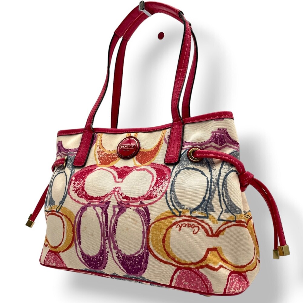 COACH F22915 Tote Bag Handbag Multicolor Canvas Patent Leather Pink Gold Hard...
